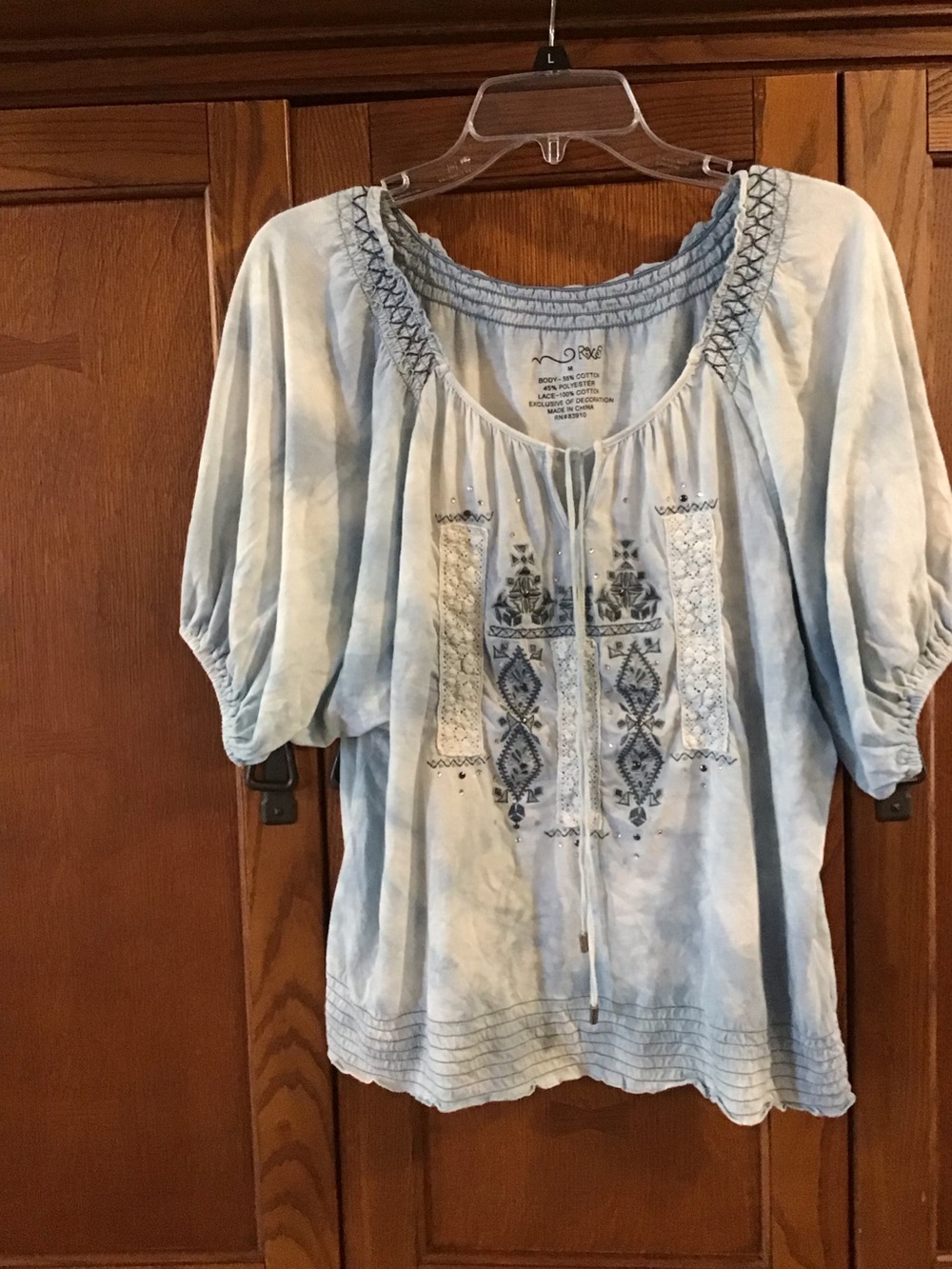 RXB Tie Dyed Embellished Peasant Smocked Blouse